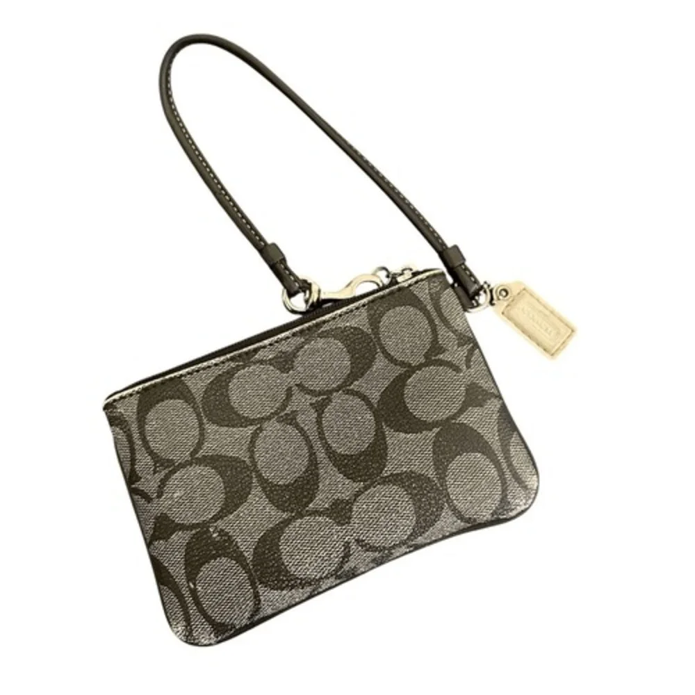 Coach Heritage Stripe Signature C Wristlet Grey Black Monogram Zip Bag